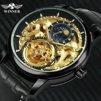 

WINNER Official Mens Mechanical Watch Fashion Automatic Wrist Watches Leather Strap Carved Skeleton Dial Luxury Hot Clock NEW