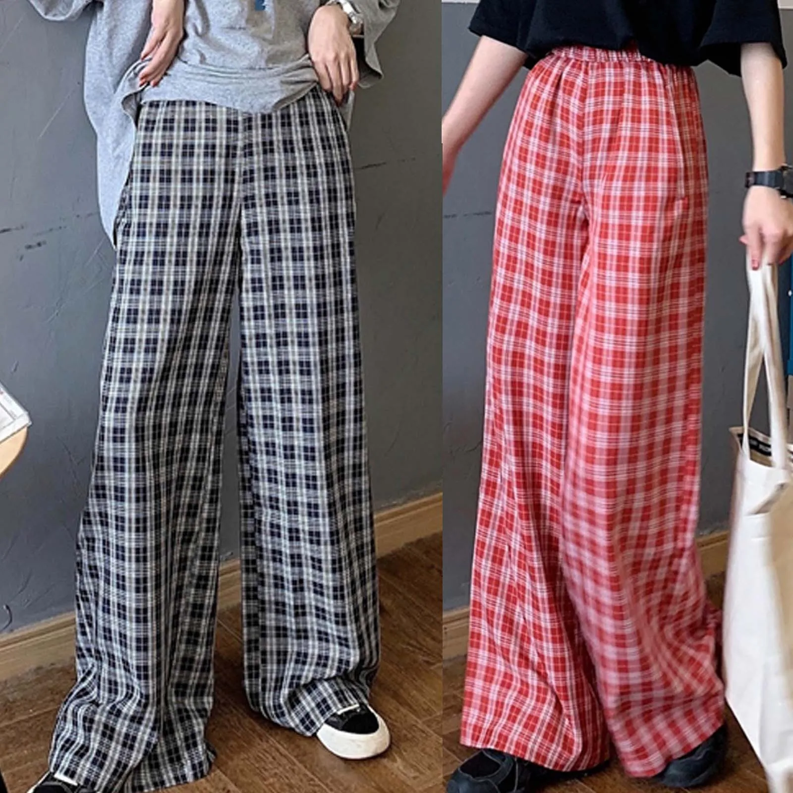 Women Casual Plaid Printing Loose High Waist Ladies Wide Leg Pants Long Lounge Pants Comfy Pajama Sweatpants Sweet Homewear New 1