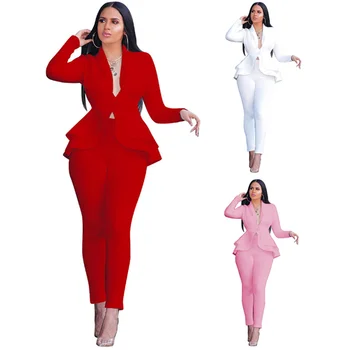 

Women Work Wear White Blazer 2 Piece Set Full Sleeve Ruffles Blazers Pants Suit Two Piece Set Office Lady Outfits Office Wear