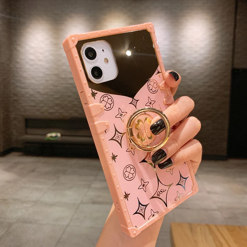 Luxury Square Cute Clover Pink Phone Case For iPhone 12 Mini 11 Pro XS Max  XR X 6 6S 7 8 Plus Soft Silicone Mirror Cover Bracket