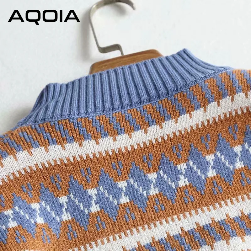 AQOIA Harajuku Argyle длинный рукав женский пуловер Boho водолазка толстый теплый женский свитер модная зимняя женская одежда