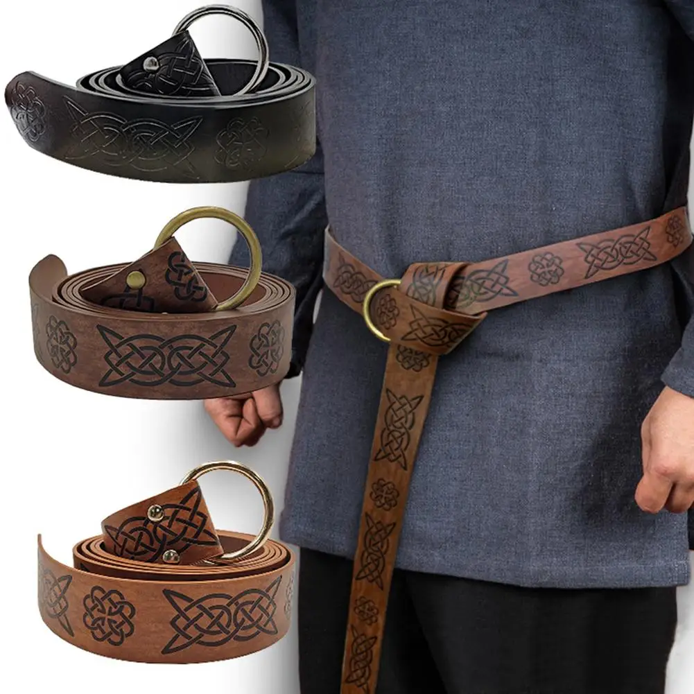 New Medieval Embossed Viking Vegvisir PU Leather O Ring Belt Retro Renaissance Knight Buckles Belt Leather Waistband for Men men fashion accessories