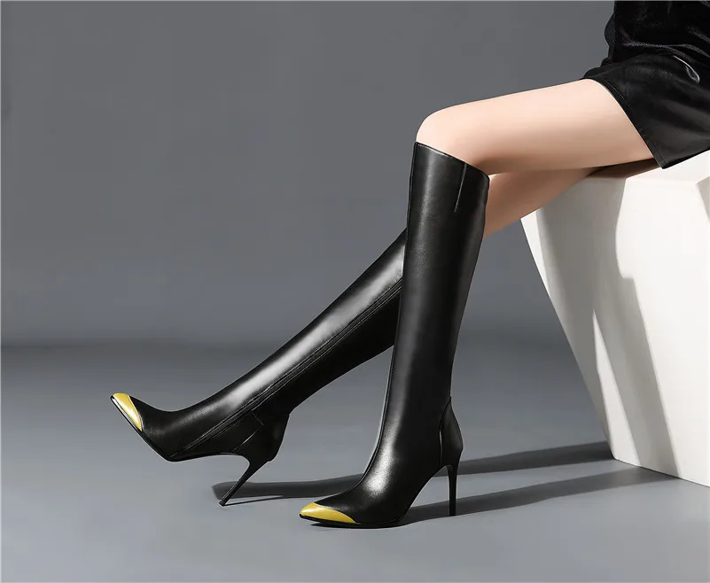 ANNYMOLI/зимние сапоги до колена женские высокие сапоги из натуральной кожи на тонком каблуке Обувь на очень высоком каблуке на молнии Женская Осенняя обувь; размеры 34-39