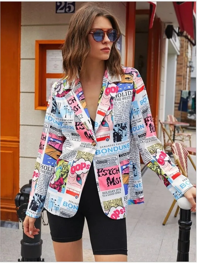 Newspaper Print Coat Women Label Neck 