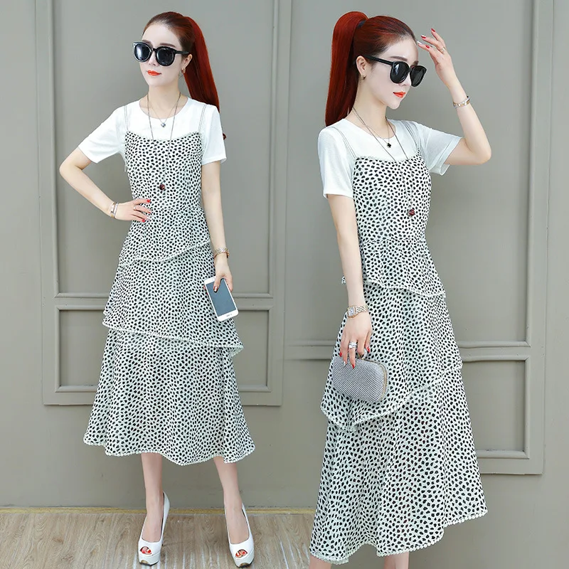 

2019 New Style Summer Fashion Korean-style Short Sleeve T-shirt Collocation Camisole Flounced Slimming Two-Piece Dress