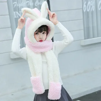

Kids 3 In 1 Warm Plush Winter Hat Cute Bowknot Scarf Hat Gloves Plush Animal Rabbit Ears Scarf Gloves Hoodie Cap 2020 New