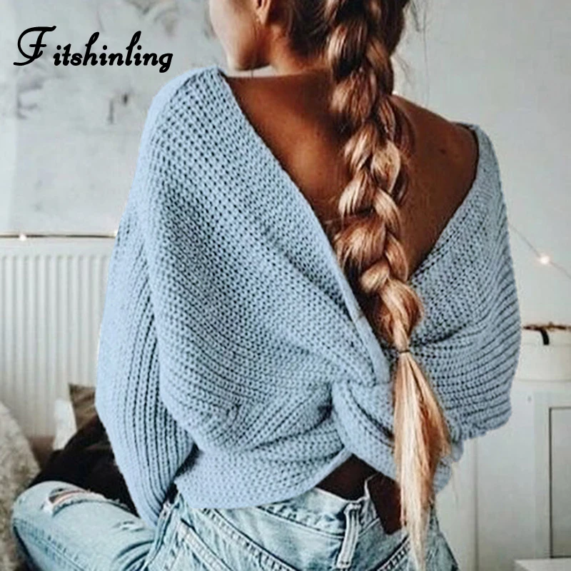 Fitshinling Criss Cross сексуальный укороченный свитер женский 2019 осень тонкий однотонный