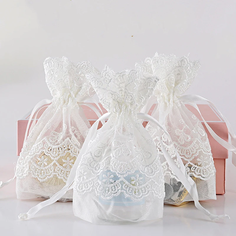 

12pcs White Maple Lace Bags Drawstrings Pouches Slub Yarn Organizer Jewelry Bags display Wedding Favor Cookies Gift organza Bag