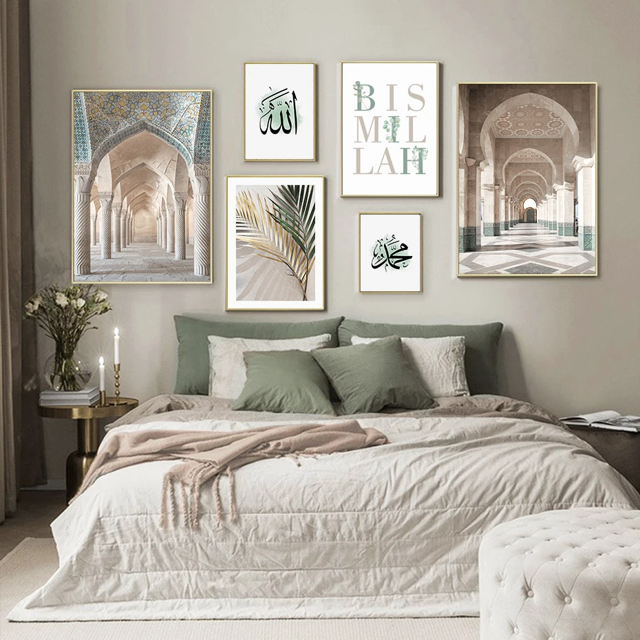 Mint-Green-Morocco-Hassan-II-Mosque-Islamic-Muslim-Canvas-Painting-Boho-Wall-Art-Pictures-Poster-Print