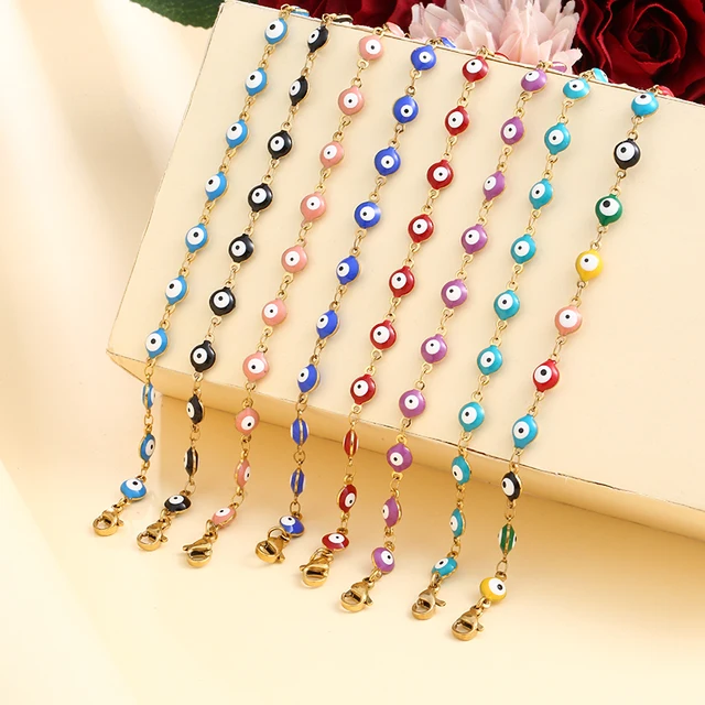 2021 New 8 Colors Stainless Steel Bead Bracelet For Women Men Gold Color Link Chain Colorful Evil Eye Charm Female Jewelry Gift 1