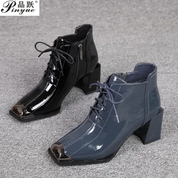 

Fashionable ankle boots Stitching Square Toe Patent Leather Lace Ankle Boots Velvet Women's Boot Side Zipper boots