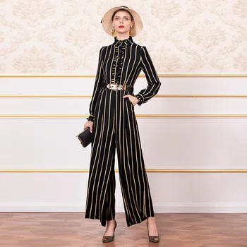 

spring Office Lady Striped Jumpsuits Autumn Buttons Fringe Straigt Playsuits Formal Plaid British Style Bodysuits DZ1114
