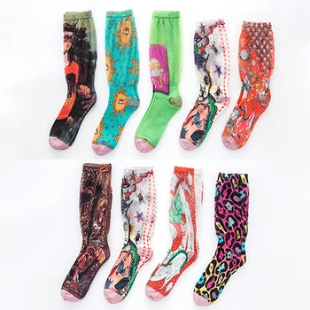 

Fashion Harajuku Spring Summer Seersucker Ice Silk Thin Long Tube Multicolor Stockings European Style For Women Printed Socks
