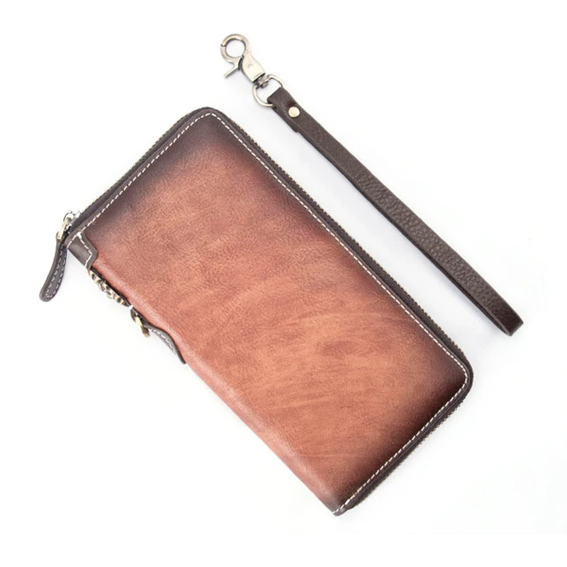 Brown Male Zipper Long Wallet Money Wrist Bag Credit Cards Holder Cell Phone Case Pocket Clutch Handy Bags Genuine Leather Men Purse - Цвет: Brown