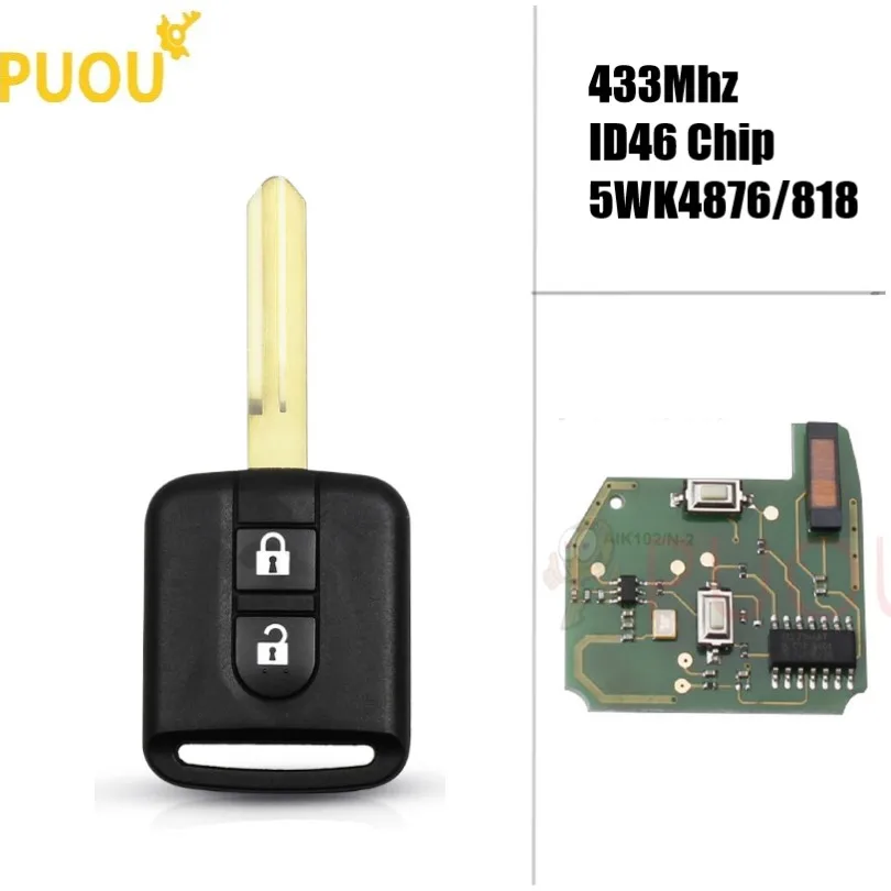 

2 Button Remote Key Fob for Nissan Qashqai Elgrand X-TRAIL Navara Micra Note Cabster NV200 433MHz PCF7946 Chip 5WK4 876 / 818