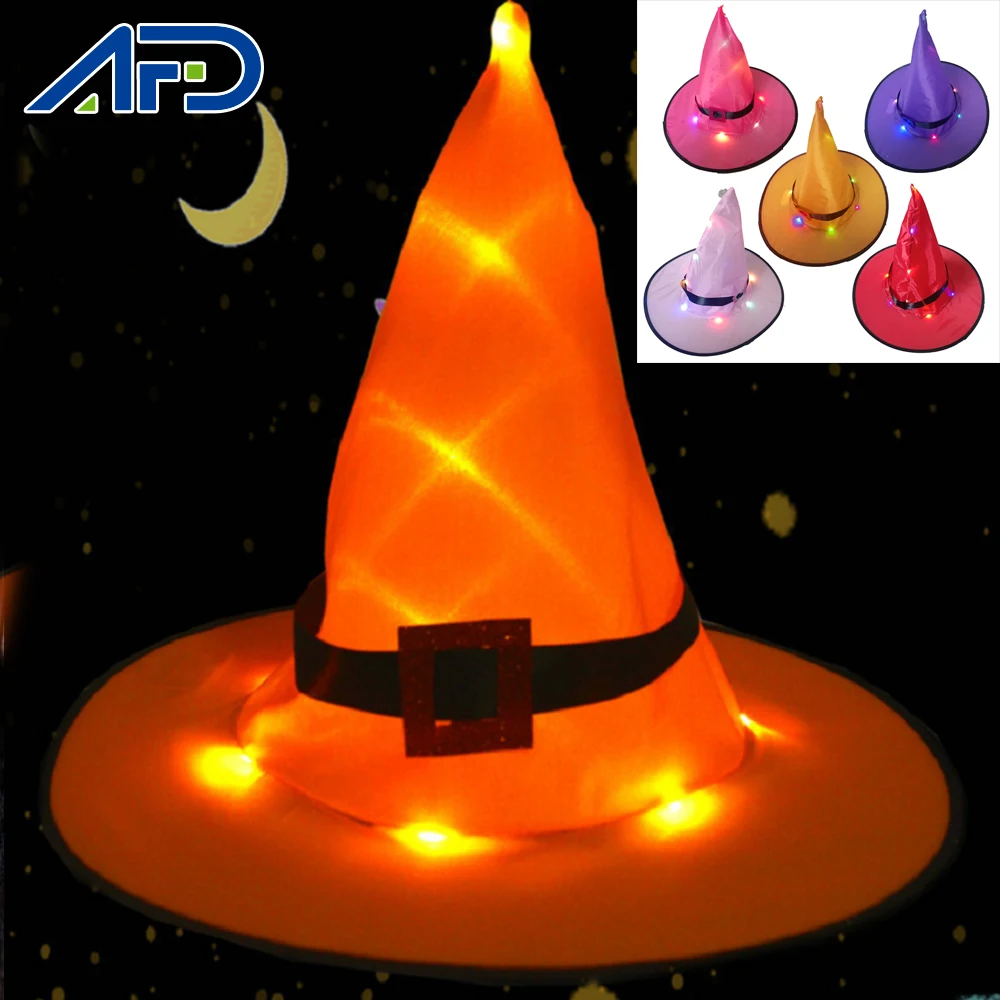 

5PCS Red Purple Witch Hat Halloween Hanging Lighted Glowing Witch Hat Adult Kids Cosplay Party Hats Halloween Decoration
