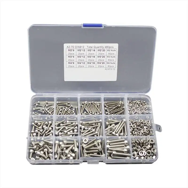 

480pcs M2 M3 M4 Head Screw Round Flat BoltsStainless Steel Screws Set Hex Socket Hexagon Socket Button Nuts
