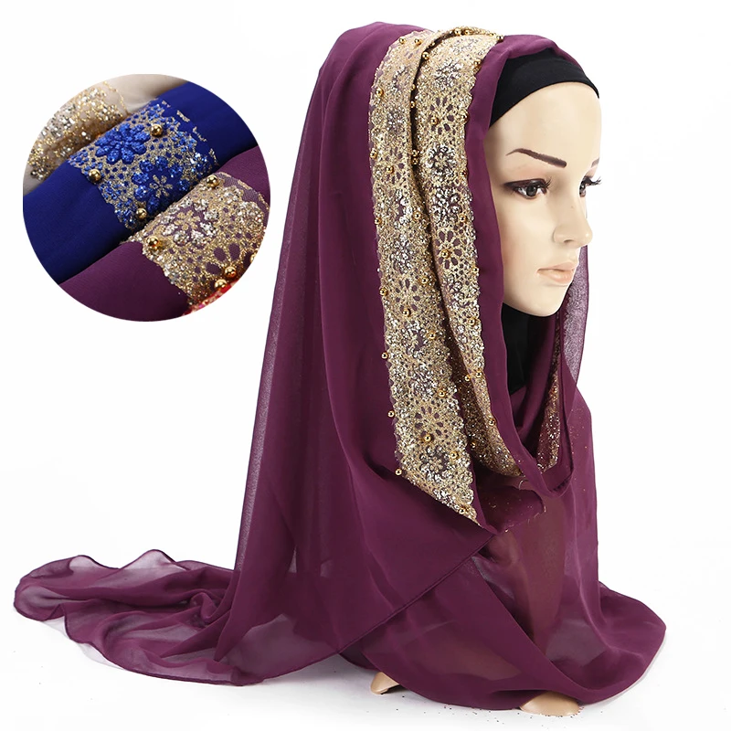 Мусульманский женский хиджаб шарф однотонная шифоновая жемчужная головной платок с бриллиантами элегантные женские исламские платки и обертывания головные шарфы
