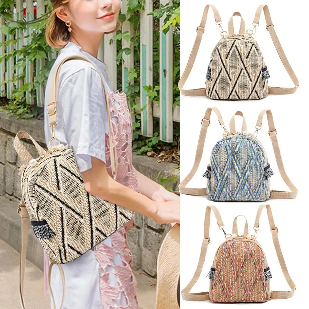 3 In 1 Anti Theft Women Straw Small Backpack Handmade Rattan Tassel Crossbody Girls Travel Bag 2021 Summer Beach Shoulder Bag