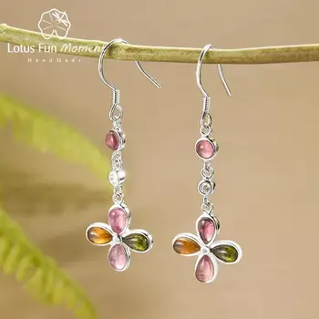 

Lotus Fun Natural Tourmaline Stone Elegant Long Windmill Drop Earrings Real 925 Sterling Silver Fine Jewelry Earrings for Women