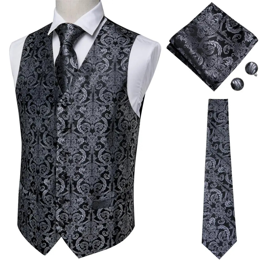 Vest for Men Black Suit Vest Floral Waistcoat Slim-Fit Tuxedo Paisley Tie Set Cufflinks Gift for Wedding Business Hi-Tie VE-0011