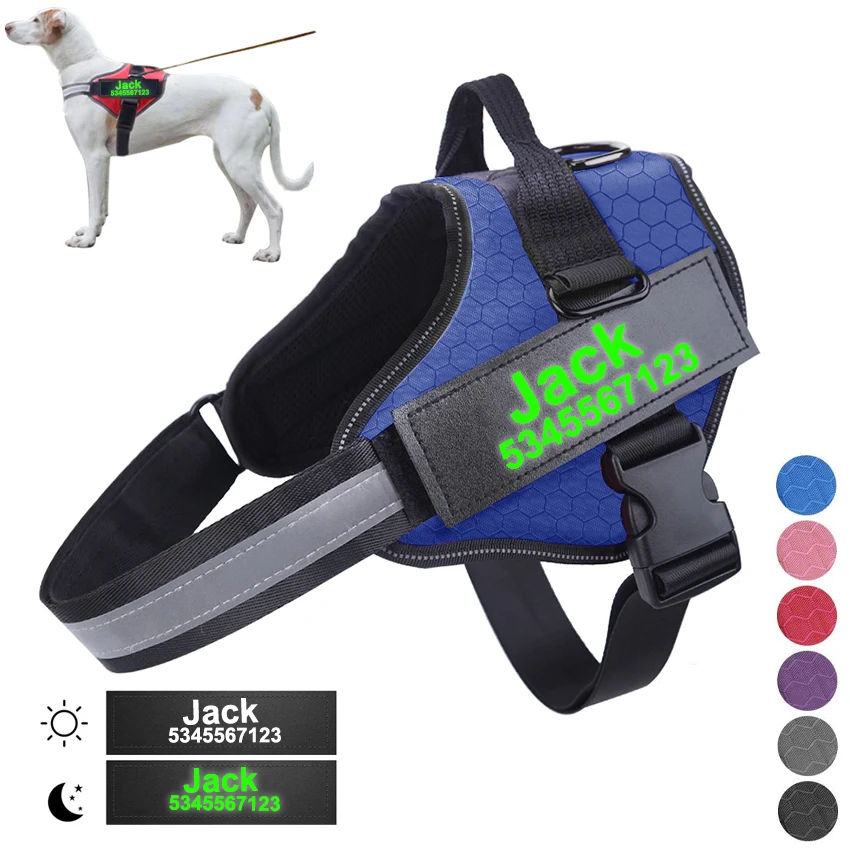 Personalized Dog Harness NO Pull Reflective Adjustable Dog Harness Vest for Small Large Outdoor Walking + Fluorescent Patch