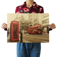 [B10] London Red Bus And Phone Booth Retro Kraftpaper Poster Indoor Cafe Decorative Painting