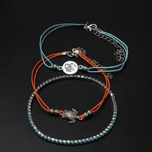 Европейский и американский стиль браслеты винтажные Вощеные пряжа черепахи ножной браслет Античный Серебряный трехцветный черепаха пляж ножной браслет для женщин