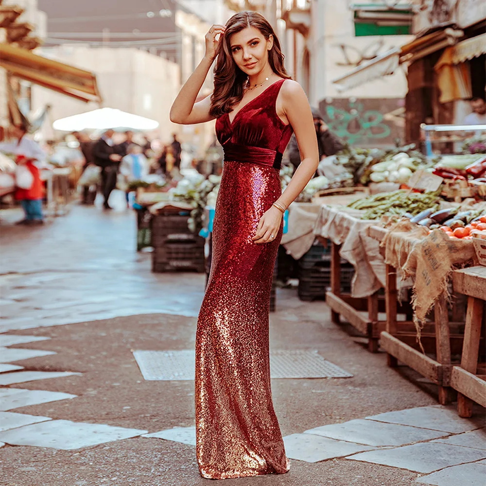 

Spring And Summer 2020 New V-Neck Sleeveless Gradient Sequin Banquet Dress Solid Colorfashion Zipper Fishtail Floor-Length