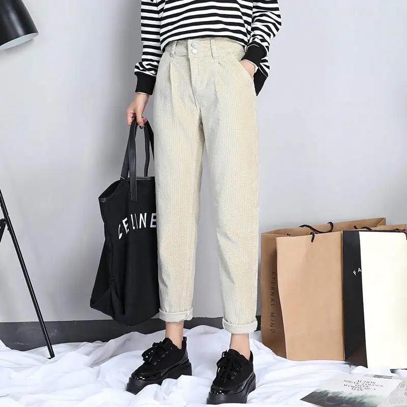 apricot color pants Новые женские зимние брюки винтажные вельветовые брюки с высокой талией женские свободные шаровары брюки Pantalon Femme Повседневные длинные брюки C5915 - Цвет: apricot color pants