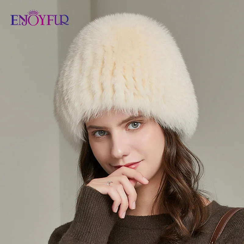 Женская вязаная шапка ENJOYFUR Русская Шапка Из Натурального Меха чернобурки на
