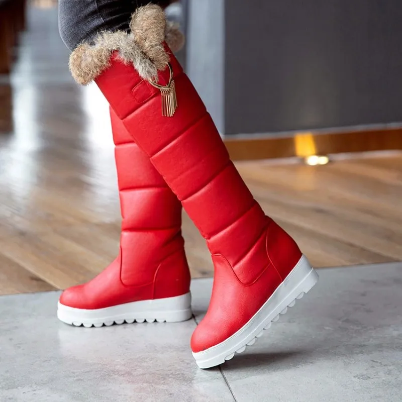

US4-11 Womens Knee The Thigh Boots Real Rabbit Fur Fleece Liner Thick Warm Winter Snow Wedge Heel Shoes Ski 3Colors Plus Size