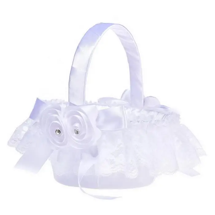 White Wedding Basket with Lace Bow Cute Polyester Wedding Flower Basket for Rose Petals Reception Decoration White PI669