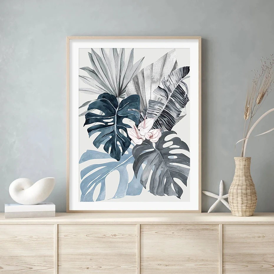 Modern Floral Tropical Blue Palm Leaf Canvas Painting Wall Art Prints Picture for Living Room Bedroom Home Decoration No Frame