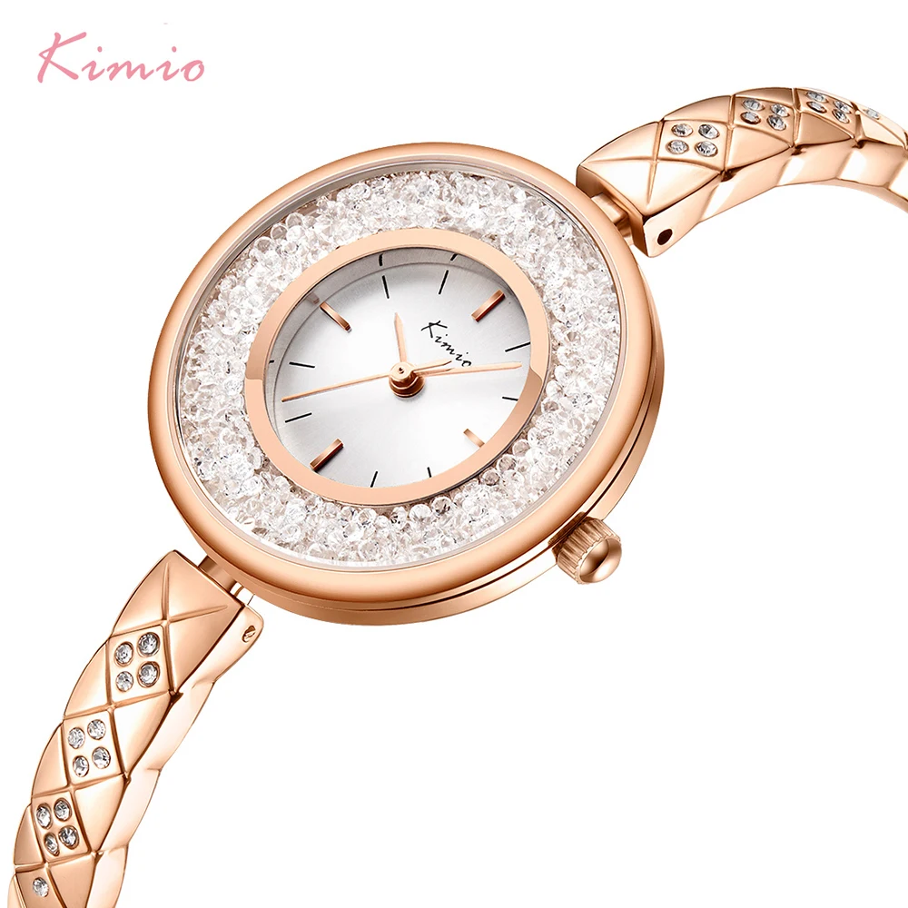 

KIMIO Brand Rolling Diamond Creative Dial Women Watch Ladies Luxury Crystal Stainless Steel Bracelet Watches Rose Gold Color