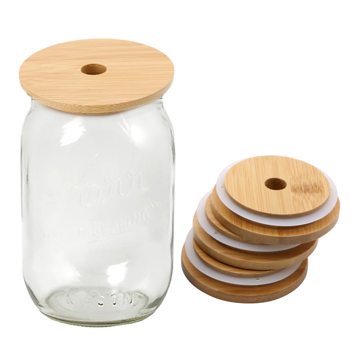 4pcs Mason Jar Lids Reusable Bamboo Lids With Straw Hole And Silicone