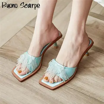

Crystal Tassels Women Sandals Slingbacks Elegant Wedding Shoes Summer Brand Designer Slides String Bead Fringe Sandals Heels