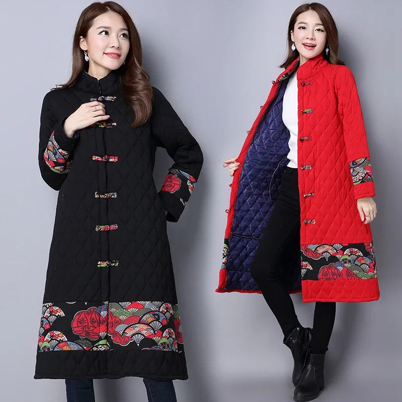 

Origional 2019 Large Size Dress Mid-length Ethnic-Style Frog Printed Joint Long-sleeved Cardigan Warm Cotton Coat