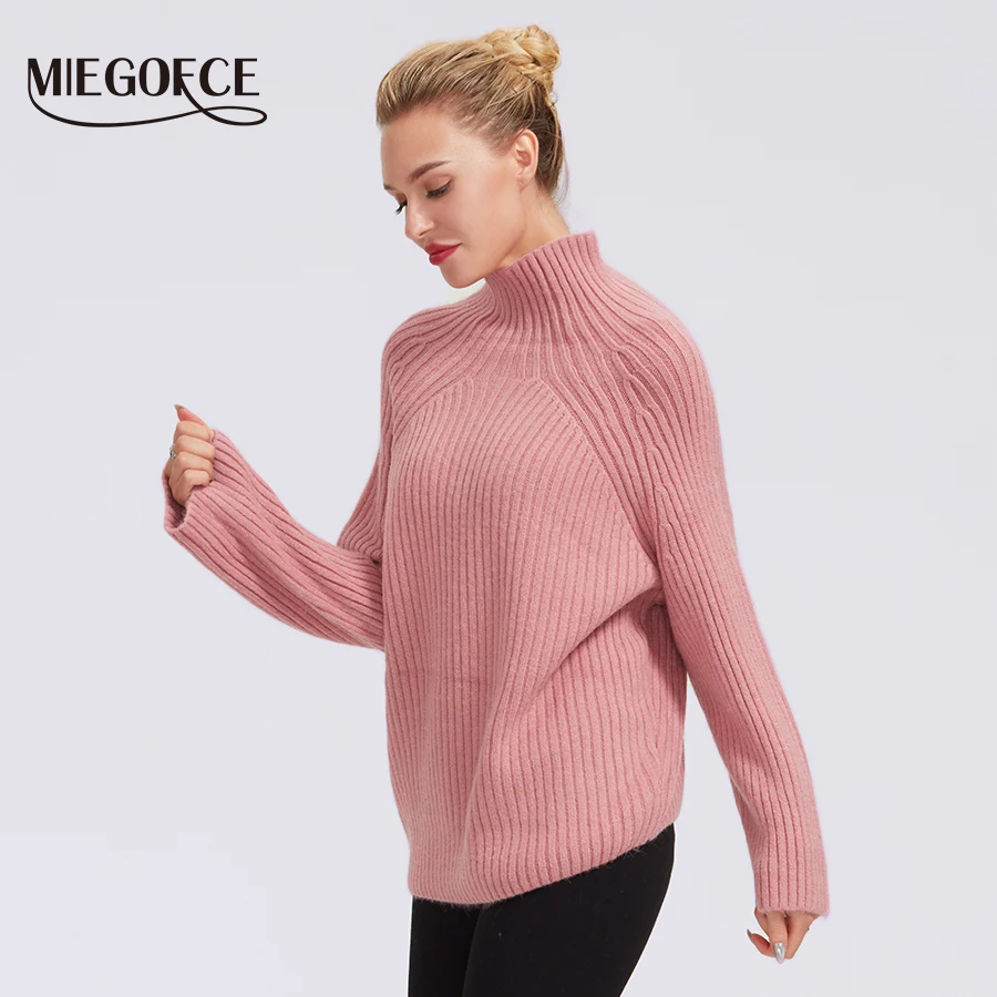 Miegofce women's winter autumn semi-sweater women's high collar sweaters female knitted solid color polyester sweater