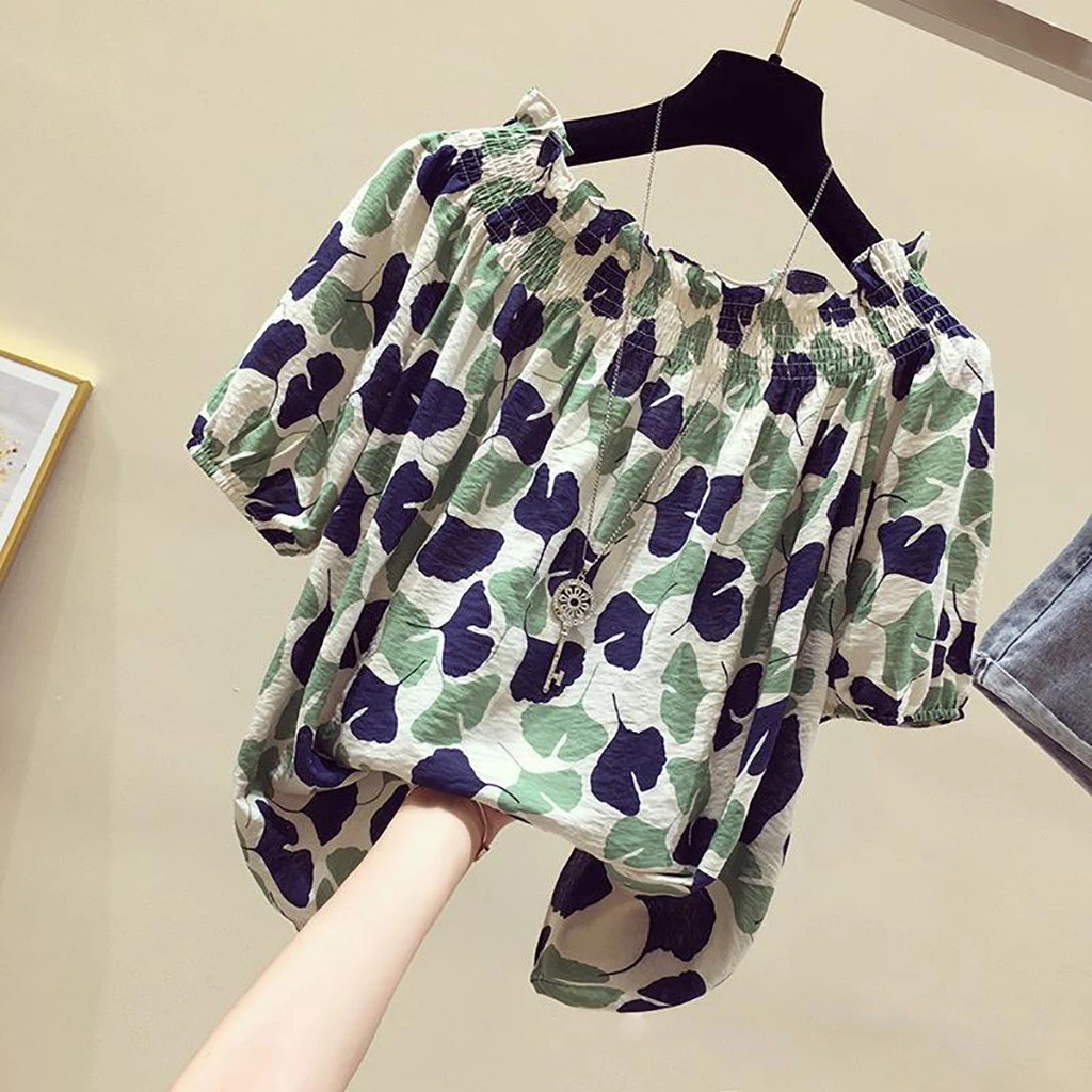 chiffon blouse 40# Women Broken Flower Blouses tops Cold Shoulder Printed slash neck Short Sleeve Loose Chiffon Blouses Tops Korean style Shirt white long sleeve top