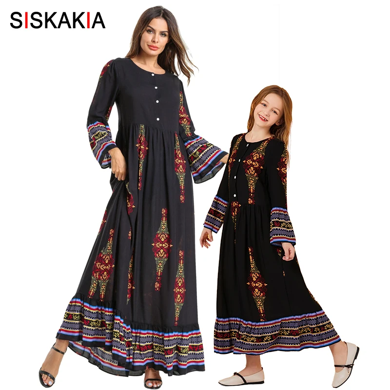 

Mother Daughter Dresses Long Sleeve Ethnic Printing Long Dress Casual Muslim Family Matching Clothes Mom and Daughter Outfits