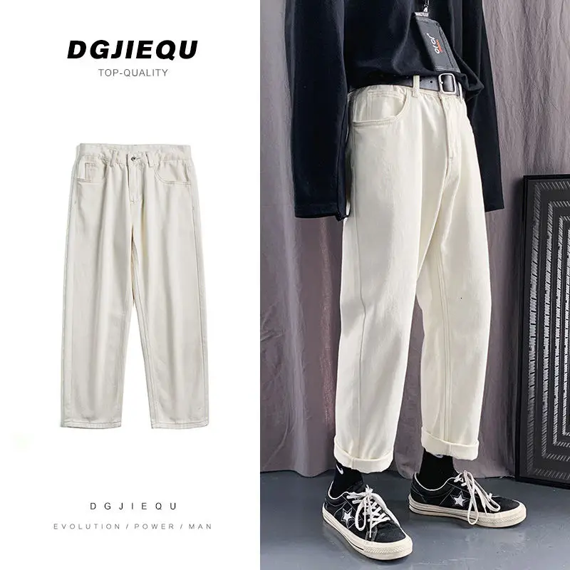 

2021 Men's Loose Washed White Color Jeans Slim Fit Straight Pants Tide Casual Pants Hiphop Streetwear Denim Trousers S-2XL