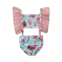 

High Quality Summer Girls' Sweet Swimsuit with Mesh Fly Sleeve Ice Cream Print Clothing Baby Girl Clothes One Piece Jumpsuit