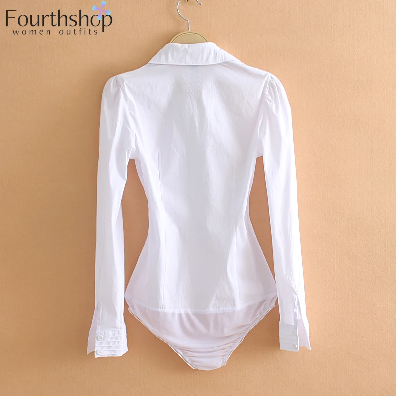 DPOIS Women's Long Sleeve Button Down Shirts Work Office Bodysuit Shirt  Blouse White L 