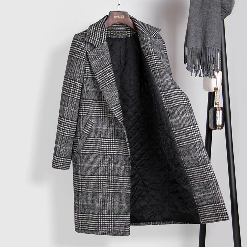 

Women's Plaid Woolen Jacket Women's Long section New Winter Thicken Woolen Jacket Professional Straight Joker Lady Jacket