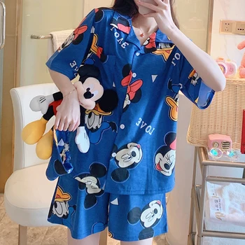 

Cartoon Women Pajamas Set Summer Turn-down Collar Pijama Short Sleeve Shorts 2Pcs Homewear Cardigan Button Casual Sleepwear S024