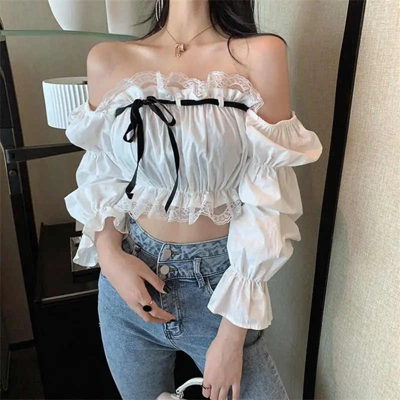 Женские рубашки Ulzzang японская Милая Дамская рубашка с кружевным воротником и