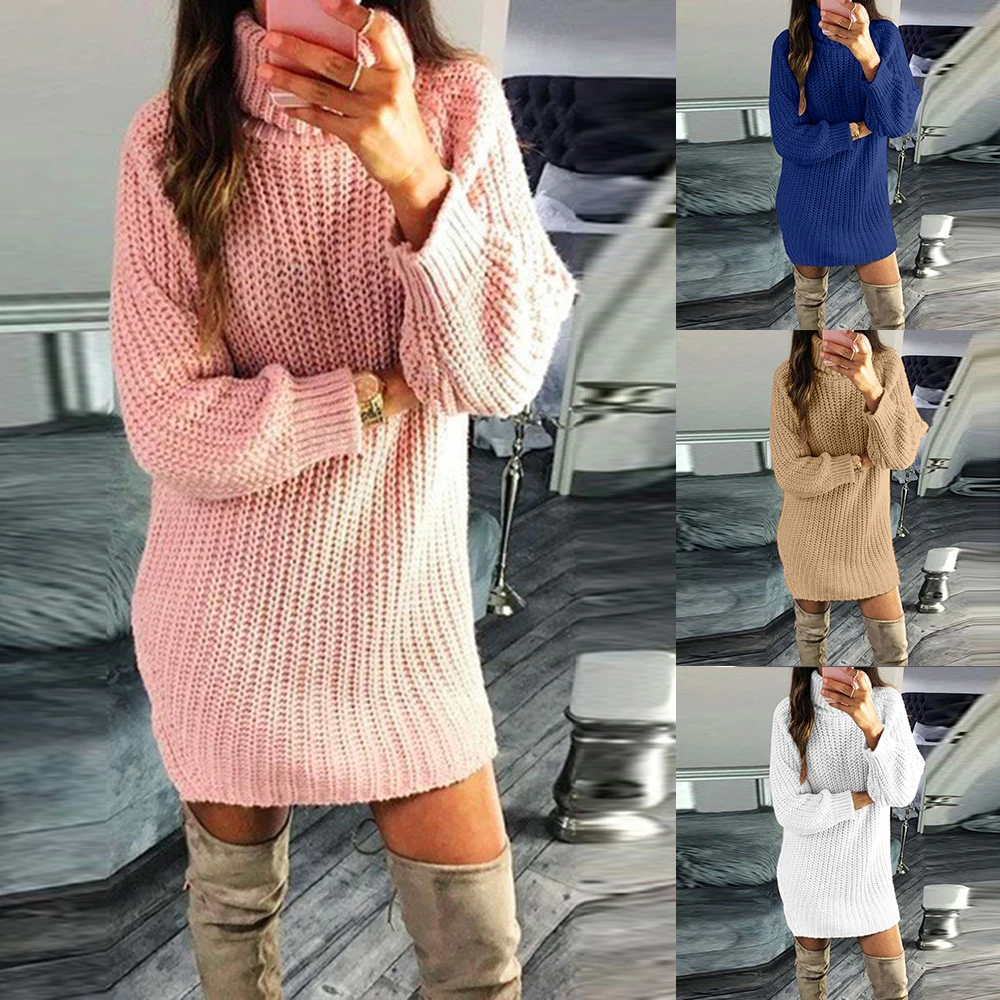 

2019 Knitted Sweater Dress Women Long Sleeve Knit Jumpers Solid Autumn Turtleneck Pullover Casual Mini Dress Ropa Mujer Vestidos