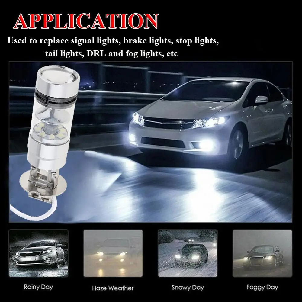 

2pcs H3 LED Fog Light 100W Super Bright Chips Car Driving Bulb 12/24V White 6000K Night Driving lights for -BMW-AUDI
