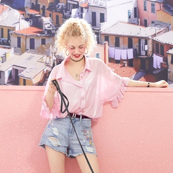 

ELF SACK Loose Solid Women Blouses Fashion Butterfly Sleeve Woman Shirts Sweet Elegant Pink Femme Blouse 2019 Summer New Shirt